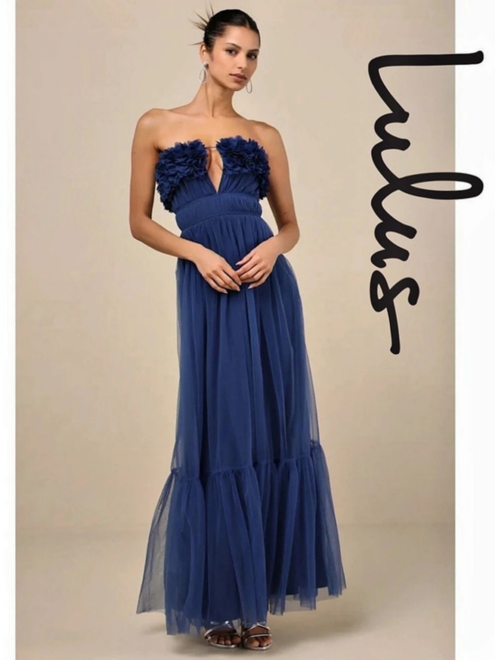 Lulus Chic Spectacle Navy 3D Applique Strapless Maxi Dress